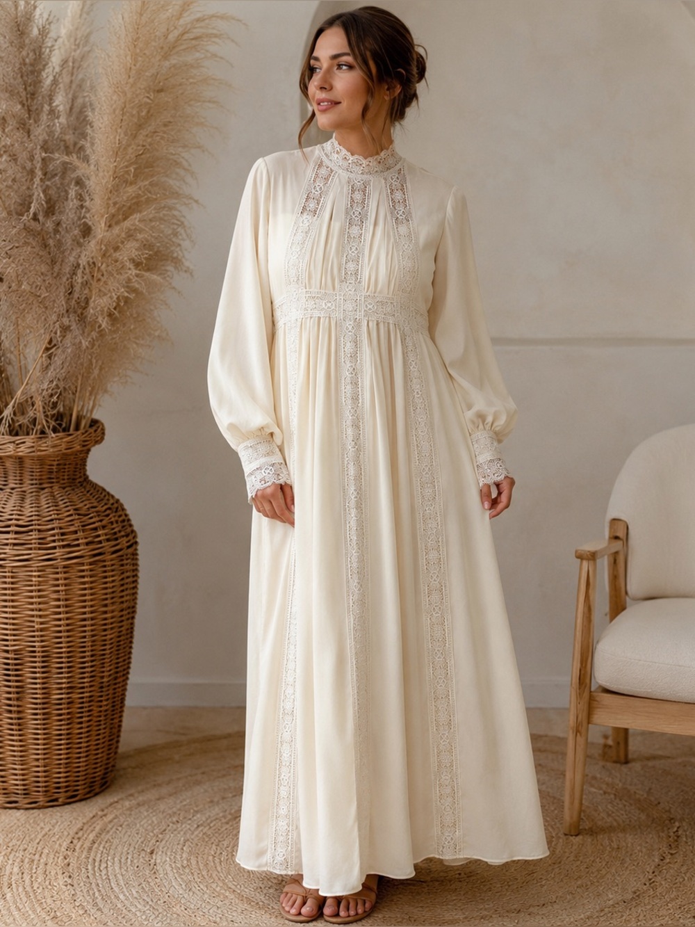 Vintage Ivory Lace Wedding Dress Boho Prairie Bridal Gown 72” Length